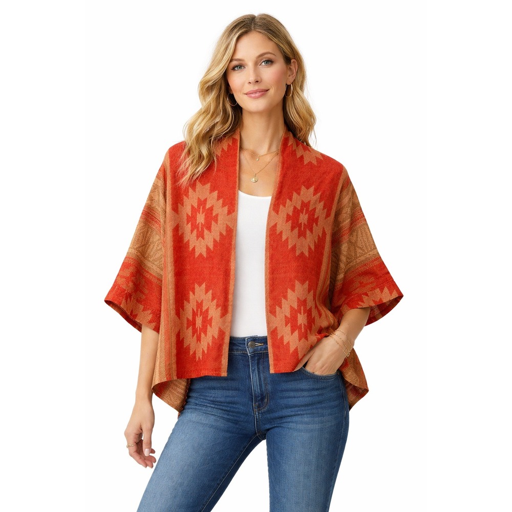 Rhea Boho Southwestern Open‎ Front Cardigan Red Tan Geometric L/XL